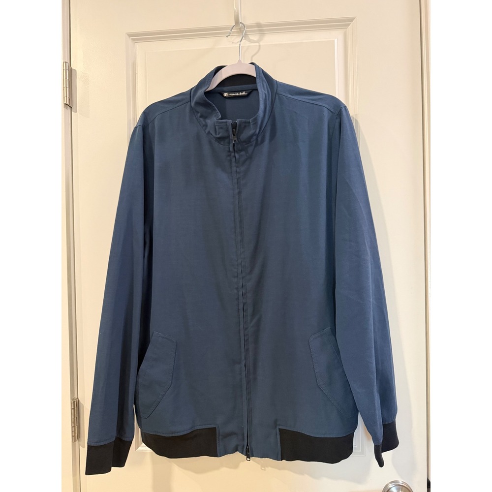 TravisMathew Mens Full Zip Ribbed Jacket Blue Grey Mock Neck Bomber L Large
